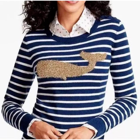 Talbots $89 Medium Gold Tinsel Whale Blue Striped Lambswool Nautical Sweater - Picture 1 of 10